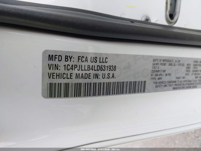 45533646 :رقم المزاد ، 1C4PJLLB4LD631938 vin ، 2020 Jeep Cherokee Latitude Plus Fwd مزاد بيع