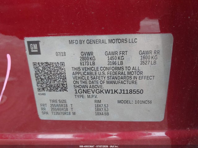1GNEVGKW1KJ118550 Chevrolet Traverse 1lt