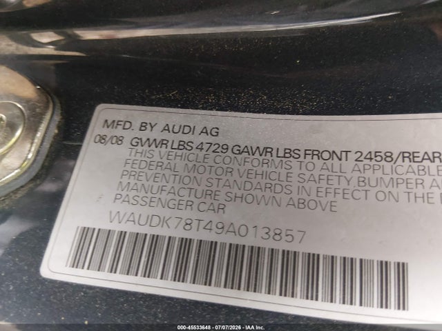 45533648 :رقم المزاد ، WAUDK78T49A013857 vin ، 2009 Audi A5 3.2l مزاد بيع