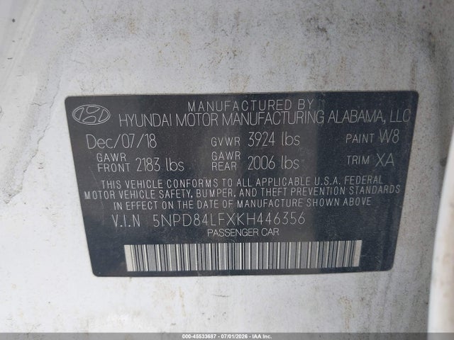 45533687 :رقم المزاد ، 5NPD84LFXKH446356 vin ، 2019 Hyundai Elantra Value Edition مزاد بيع