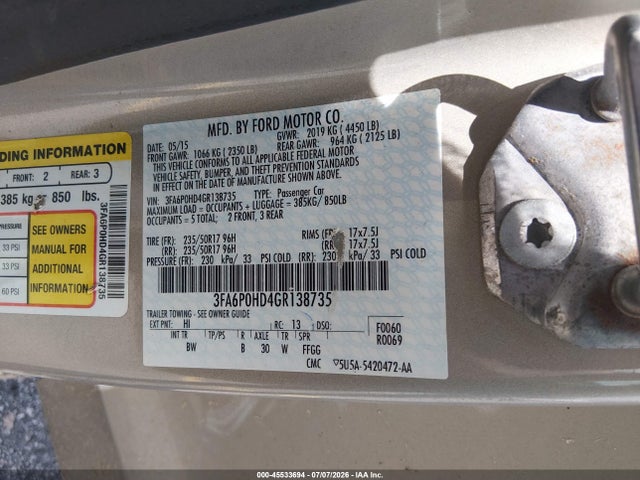 Aukcja sprzedaży 2016 Ford Fusion Se, vin: 3FA6P0HD4GR138735, numer aukcji: 45533694