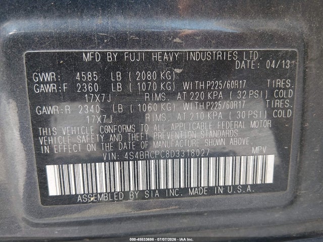45533698 :رقم المزاد ، 4S4BRCPC8D3318027 vin ، 2013 Subaru Outback 2.5i Limited مزاد بيع