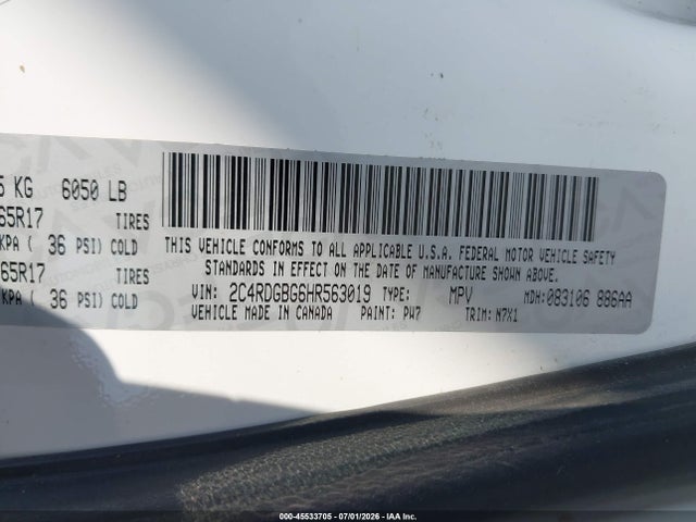 Aukcja sprzedaży 2017 Dodge Grand Caravan Se Plus, vin: 2C4RDGBG6HR563019, numer aukcji: 45533705