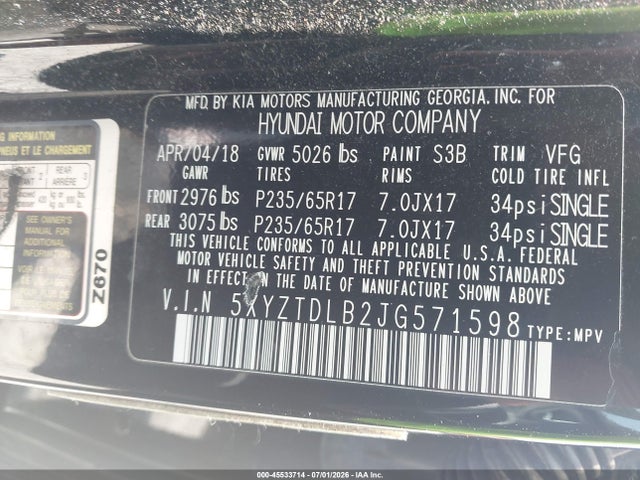 5XYZTDLB2JG571598 Hyundai Santa Fe Sport 2.4l