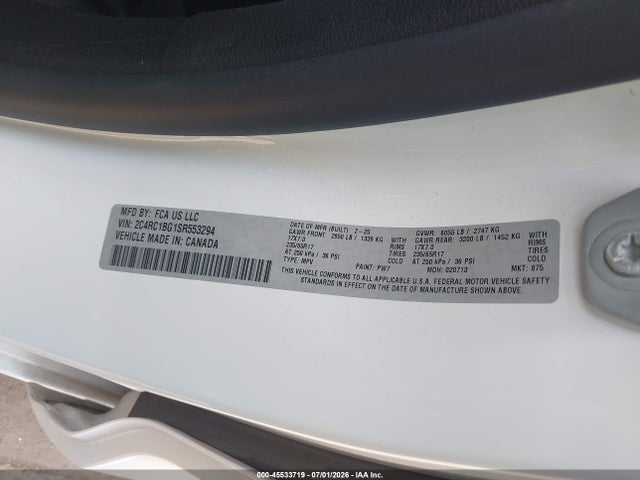 Aukcja sprzedaży 2025 Chrysler Pacifica Select, vin: 2C4RC1BG1SR553294, numer aukcji: 45533719