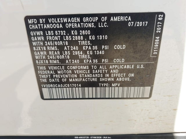1V2DR2CA0JC517014 Volkswagen Atlas 3.6l V6 Se/3.6l V6 Se W/technology