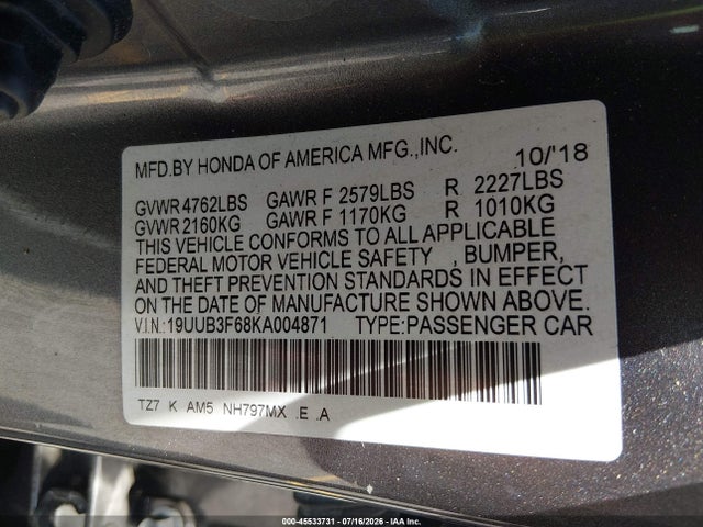 2019 Acura Tlx Tech   A-spec Pkgs მანქანა იყიდება აუქციონზე, vin: 19UUB3F68KA004871, აუქციონის ნომერი: 45533731
