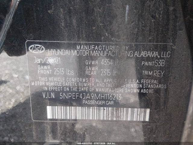 45533753 :رقم المزاد ، 5NPEF4JA9MH116213 vin ، 2021 Hyundai Sonata Sel مزاد بيع
