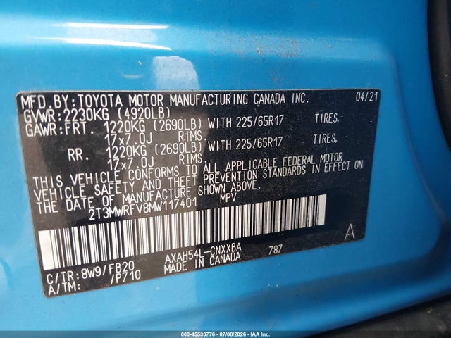 2T3MWRFV8MW117401 Toyota Rav4 Hybrid Le