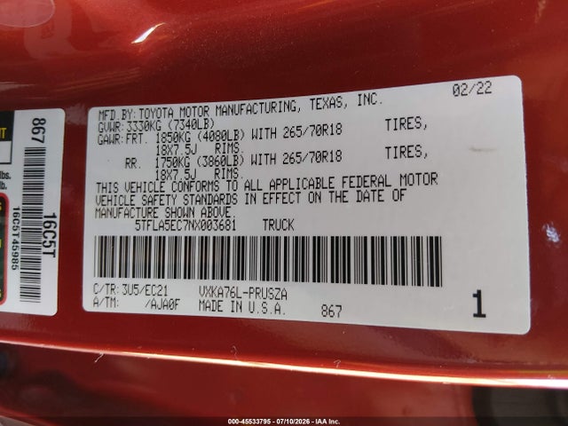 Toyota Tundra Sr5 2022 5TFLA5EC7NX003681 Image 9