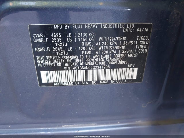 Subaru Outback 2.5i Limited 2016 4S4BSANC0G3341298 Image 9