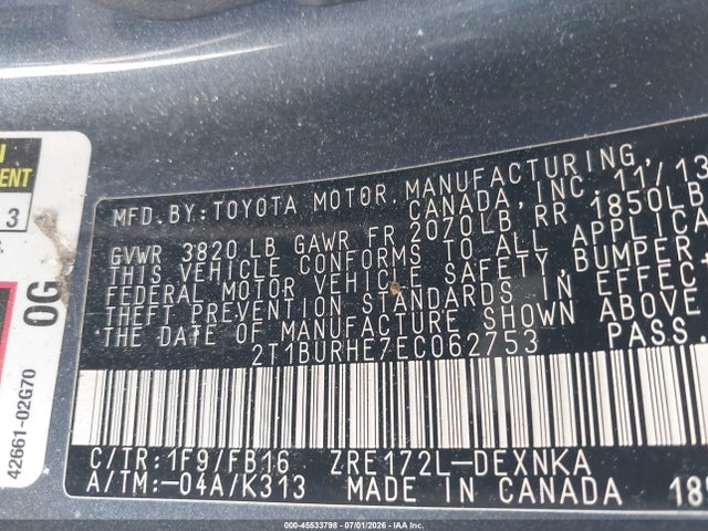 Продаж на аукціоні авто 2014 Toyota Corolla Le, vin: 2T1BURHE7EC062753, номер лоту: 45533798