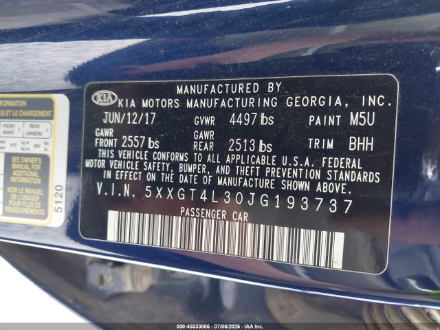 45533806 :رقم المزاد ، 5XXGT4L30JG193737 vin ، 2018 Kia Optima Lx مزاد بيع