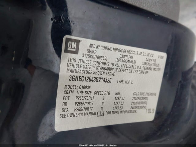 Aukcja sprzedaży 2008 Chevrolet Avalanche 1500 Lt, vin: 3GNEC12048G214326, numer aukcji: 45533814