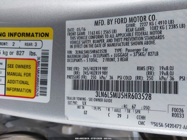Aukcja sprzedaży 2017 Lincoln Mkz Hybrid Reserve, vin: 3LN6L5MU5HR603528, numer aukcji: 45533819