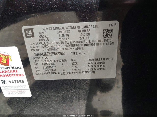 2015 Gmc Terrain Sle-1 მანქანა იყიდება აუქციონზე, vin: 2GKALMEK9F6353886, აუქციონის ნომერი: 45533822