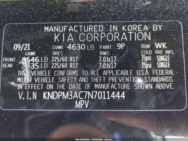 45533823 :رقم المزاد ، KNDPM3AC7N7011444 vin ، 2022 Kia Sportage Lx مزاد بيع