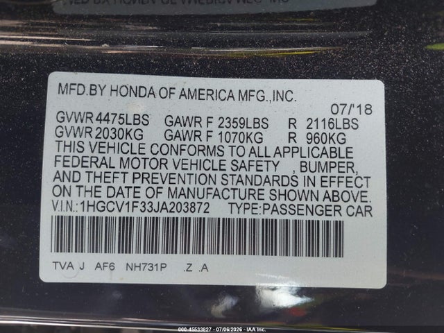 2018 Honda Accord Sport მანქანა იყიდება აუქციონზე, vin: 1HGCV1F33JA203872, აუქციონის ნომერი: 45533827