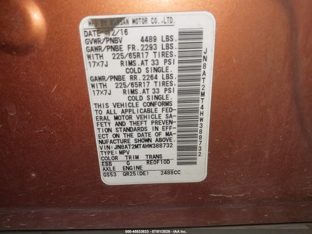 Nissan ROGUE SV 2017 JN8AT2MT4HW388732 Image 9