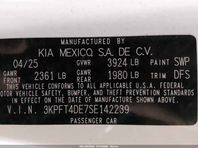 Aukcja sprzedaży 2025 Kia K4 Lxs, vin: 3KPFT4DE7SE142239, numer aukcji: 45533835