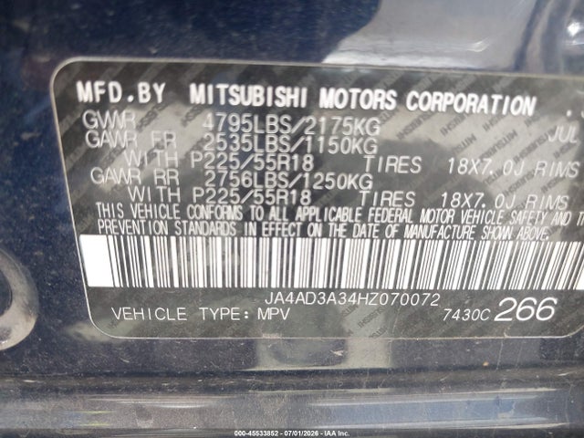 2017 Mitsubishi Outlander Se მანქანა იყიდება აუქციონზე, vin: JA4AD3A34HZ070072, აუქციონის ნომერი: 45533852