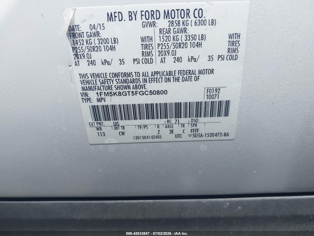 Ford EXPLORER SPORT 2015 1FM5K8GT5FGC50800 Image 9