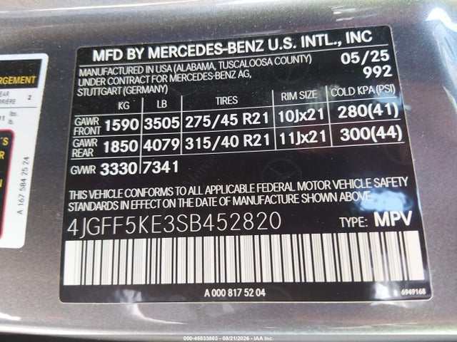 Aukcja sprzedaży 2025 Mercedes-benz Gls 450 4matic, vin: 4JGFF5KE3SB452820, numer aukcji: 45533863