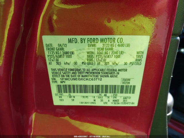 Продаж на аукціоні авто 2012 Ford Escape Limited, vin: 1FMCU9EGXCKC63712, номер лоту: 45533867