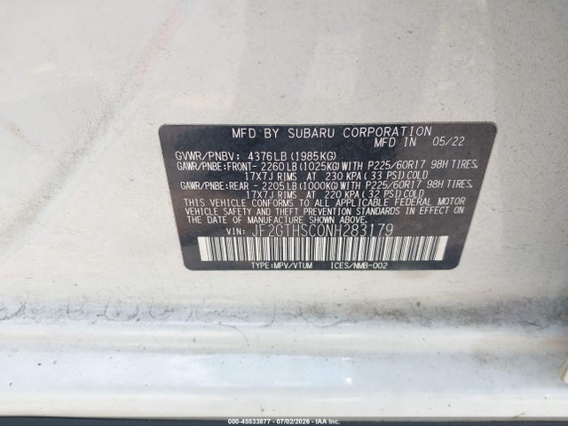 Продаж на аукціоні авто 2022 Subaru Crosstrek Sport, vin: JF2GTHSC0NH283179, номер лоту: 45533877