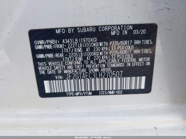 45533887 :رقم المزاد ، JF2GTAEC3LH270507 vin ، 2020 Subaru Crosstrek Premium مزاد بيع