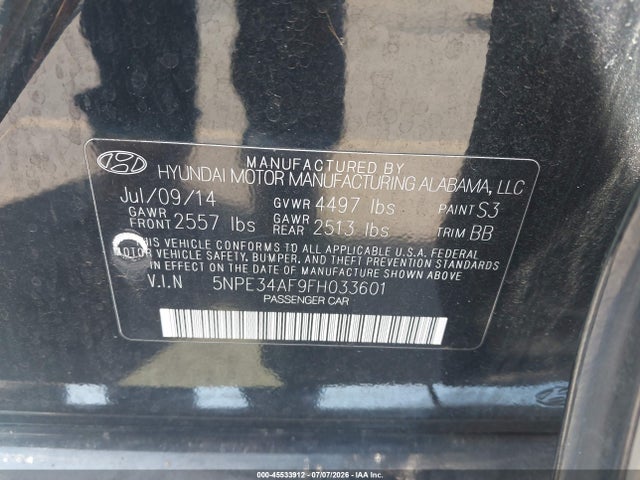 Hyundai Sonata Limited 2015 5NPE34AF9FH033601 Image 9