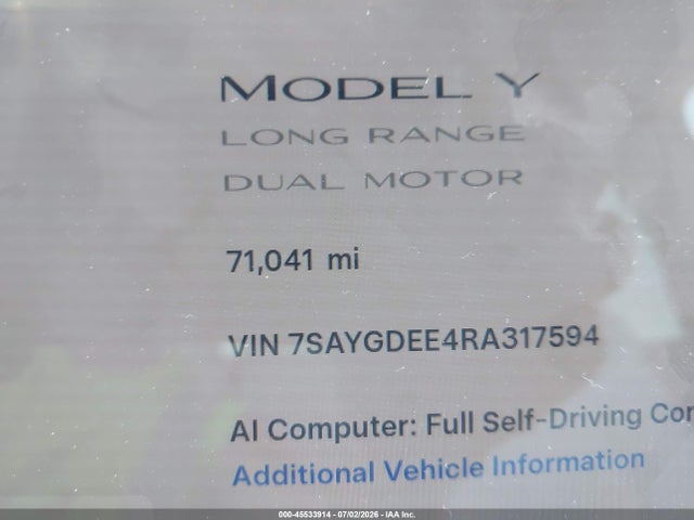 Aukcja sprzedaży 2024 Tesla Model Y Long Range Dual Motor All-wheel Drive, vin: 7SAYGDEE4RA317594, numer aukcji: 45533914