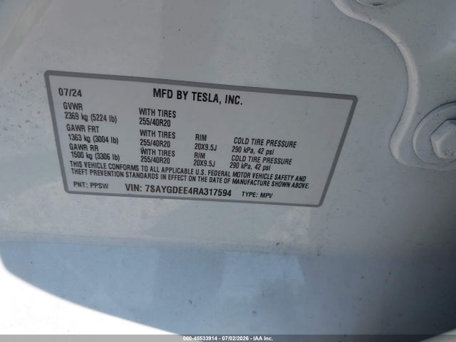 Aukcja sprzedaży 2024 Tesla Model Y Long Range Dual Motor All-wheel Drive, vin: 7SAYGDEE4RA317594, numer aukcji: 45533914