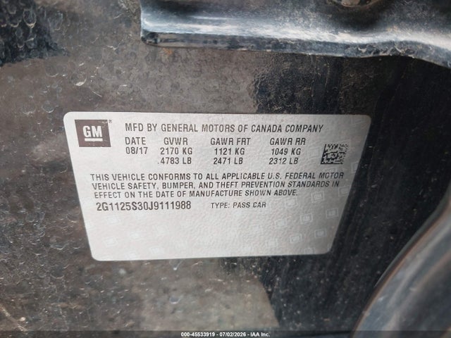 Продаж на аукціоні авто 2018 Chevrolet Impala 2lz, vin: 2G1125S30J9111988, номер лоту: 45533919