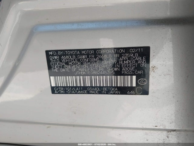 Продажа на аукционе авто 2011 Lexus Es 350, vin: JTHBK1EG8B2445395, номер лота: 45533931