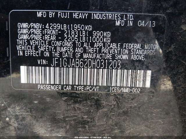 2013 Subaru Impreza 2.0i Premium მანქანა იყიდება აუქციონზე, vin: JF1GJAB62DH031203, აუქციონის ნომერი: 45533954
