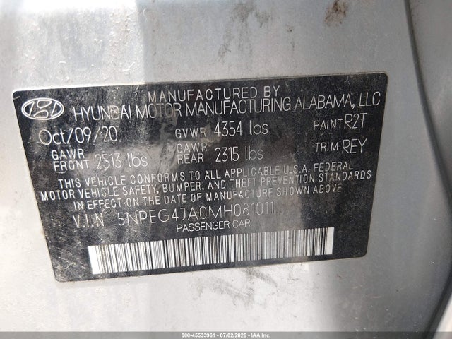 Auction sale of the 2021 Hyundai Sonata Se, vin: 5NPEG4JA0MH081011, lot number: 45533961