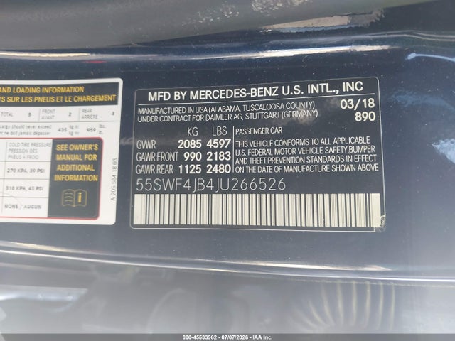 45533962 :رقم المزاد ، 55SWF4JB4JU266526 vin ، 2018 Mercedes-benz C 300 مزاد بيع