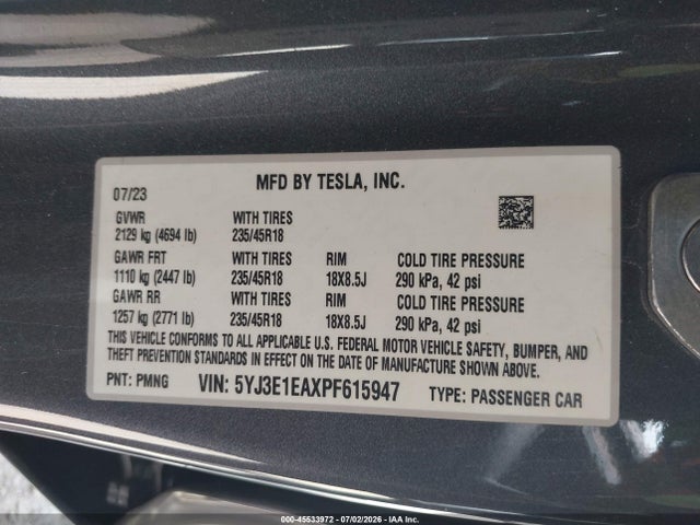 Продаж на аукціоні авто 2023 Tesla Model 3 Rear-wheel Drive, vin: 5YJ3E1EAXPF615947, номер лоту: 45533972