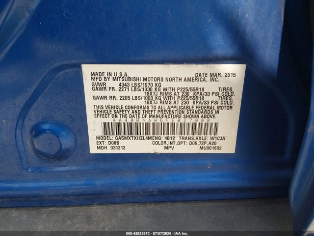 2015 Mitsubishi Outlander Sport Gt მანქანა იყიდება აუქციონზე, vin: 4A4AR4AW6FE027888, აუქციონის ნომერი: 45533973