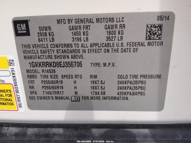 2014 Gmc Acadia Slt-1 მანქანა იყიდება აუქციონზე, vin: 1GKKRRKD8EJ356706, აუქციონის ნომერი: 45533996