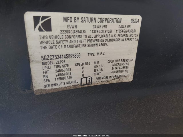 Продаж на аукціоні авто 2004 Saturn Vue V6, vin: 5GZCZ53414S895859, номер лоту: 45533997