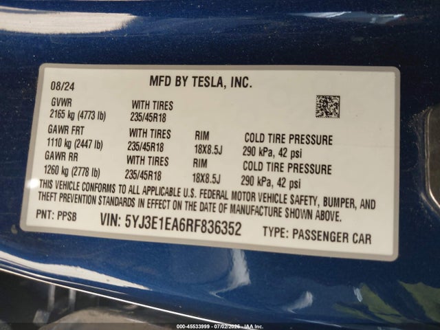 Продаж на аукціоні авто 2024 Tesla Model 3 Long Range Dual Motor All-wheel Drive/rear-wheel Drive, vin: 5YJ3E1EA6RF836352, номер лоту: 45533999