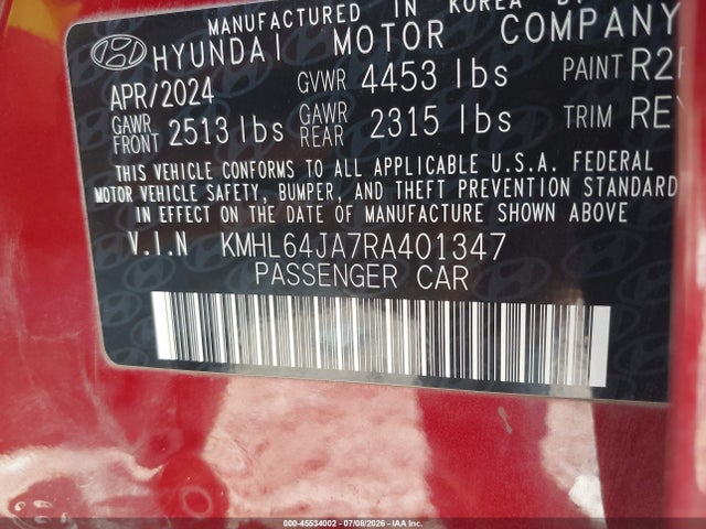 Aukcja sprzedaży 2024 Hyundai Sonata Sel, vin: KMHL64JA7RA401347, numer aukcji: 45534002