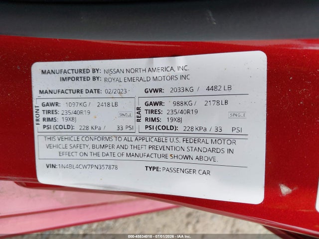 1N4BL4CW7PN357878 Nissan Altima Sr Intelligent Awd