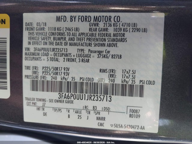 3FA6P0UU1JR235713 Ford Fusion Hybrid S