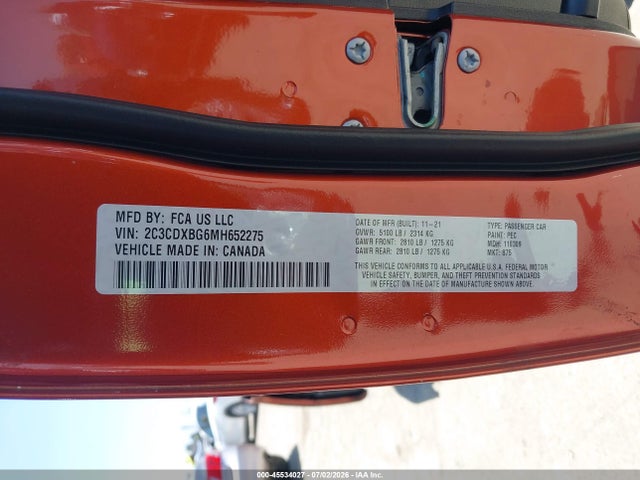 45534027 :رقم المزاد ، 2C3CDXBG6MH652275 vin ، 2021 Dodge Charger Sxt Rwd مزاد بيع