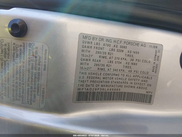Продаж на аукціоні авто 2009 Porsche Cayenne Gts, vin: WP1AD29P39LA65665, номер лоту: 45534032
