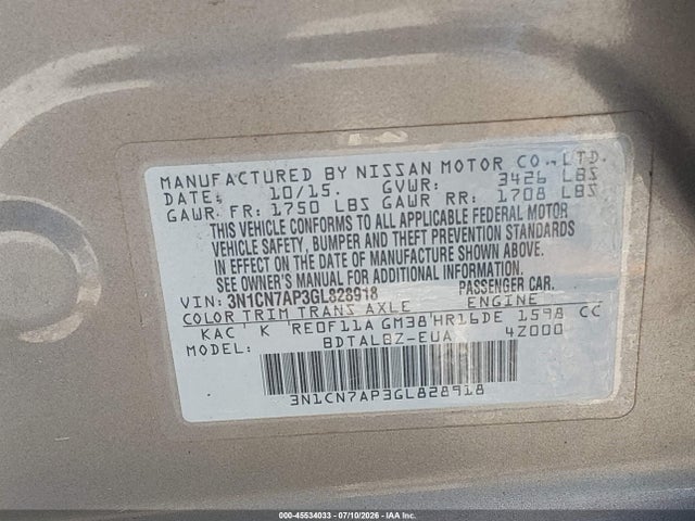 3N1CN7AP3GL828918 Nissan Versa 1.6 Sv