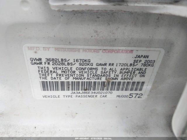 Aukcja sprzedaży 2004 Mitsubishi Lancer Oz Rally, vin: JA3AJ86E34U021070, numer aukcji: 45534041